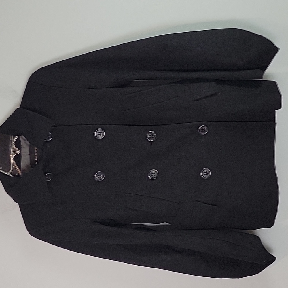 BCBGMaxazria black double breasted pea coat lantern sleeves xxs